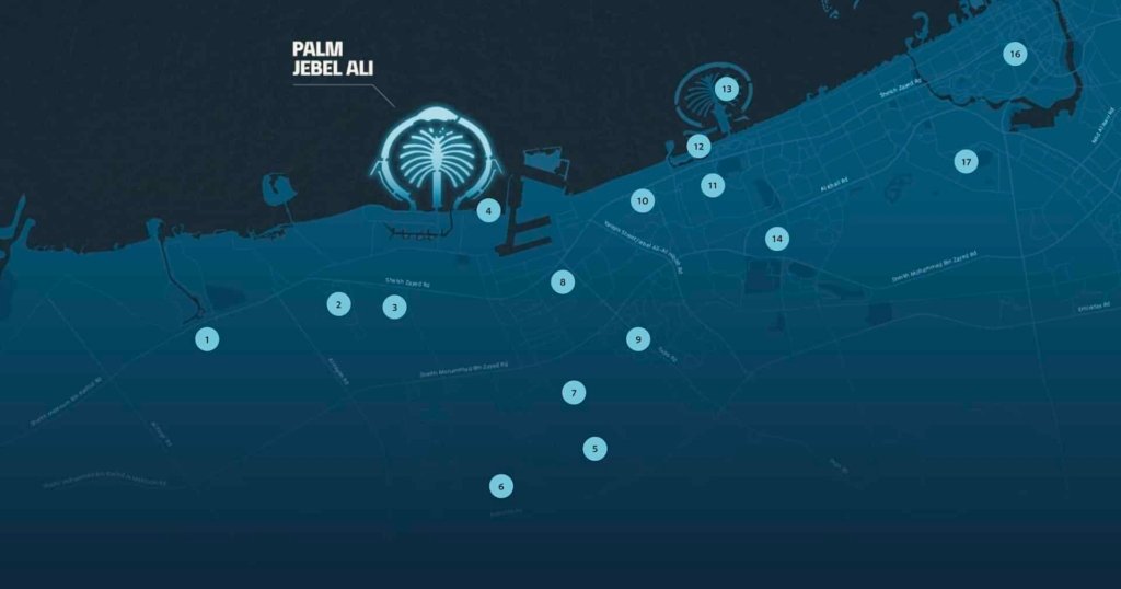 Palm Jebel Ali: 25 mins to Dubai Marina, 30 mins to Al Maktoum Airport. 3 traffic-free entry points, near Jebel Ali Port & Dubai South. Enjoy Legoland, JA Golf, future Dubai Waterfront. Sheikh Zayed Road access + long-term growth potential. Prime location for investors/residents.