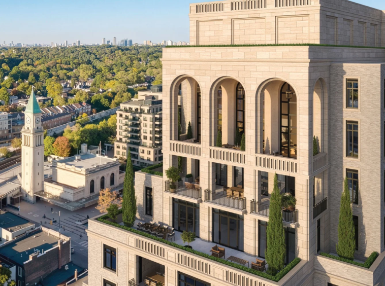 Clock tower at 1 Marlborough luxury condos, Toronto