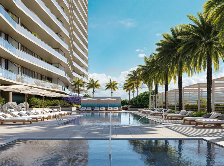 7th floor pool at The Berkeley Palm Beach featuring luxury cabanas, panoramic views, and resort-style amenities