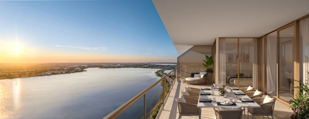 Unit E private balcony at The Berkeley Palm Beach featuring spacious terrace design with luxury waterfront views.