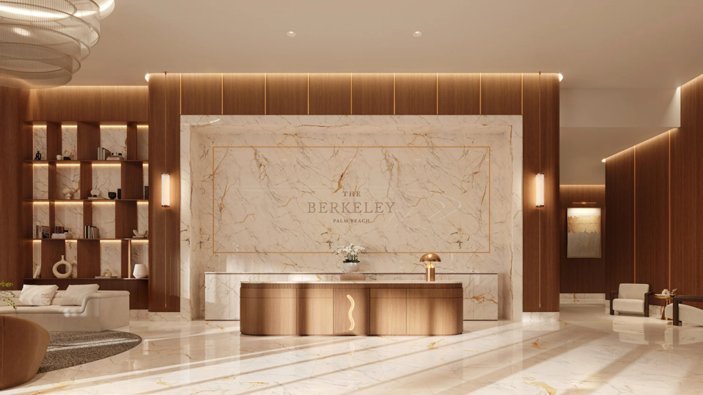 Lobby 1 at The Berkeley Palm Beach featuring luxury marble finishes, modern chandelier lighting, elegant seating area, and floor-to-ceiling glass design.