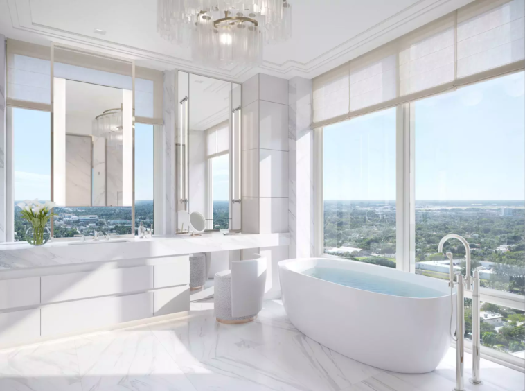 Bathrooms feature freestanding bathtubs and multiple vanities