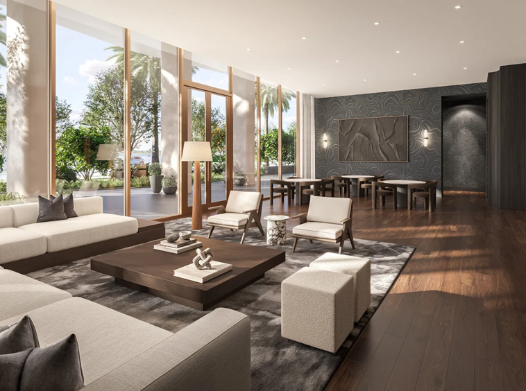 Luxury residents’ lounge at The Berkeley Palm Beach featuring elegant seating, modern interior design, and premium finishes.